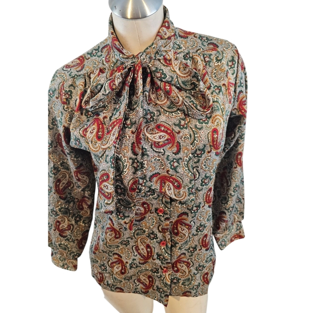 Vintage Laura Mae Life Press Size M Paisley Print Blouse with Bow Tie - Picture 4 of 6